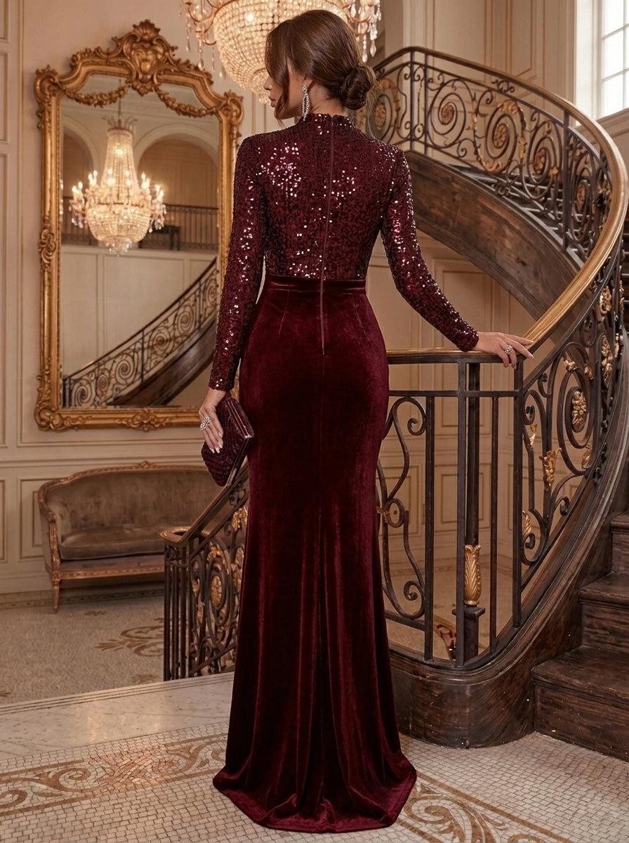 Sheath/Column Mock Neck Velvet Evening Dresses Floor-Length Long Sleeves Sequins Formal Dresses Ruched