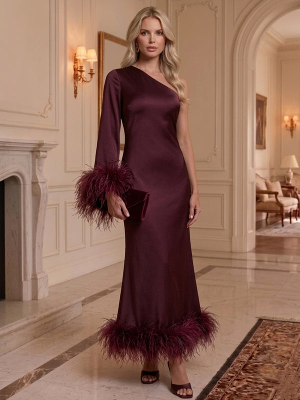 Sheath/Column One-Shoulder Silk Satin Formal Dresses Ankle-Length Long Sleeve Evening Dresses With Feathers