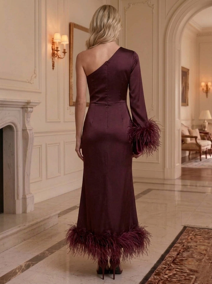Sheath/Column One-Shoulder Silk Satin Formal Dresses Ankle-Length Long Sleeve Evening Dresses With Feathers