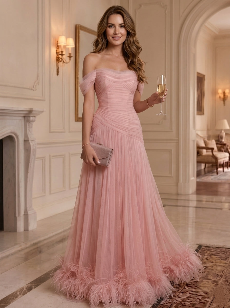 A-Line/Princess Off-the-Shoulder Chiffon Formal Dresses Ruched Floor-Length Sleeveless With Feathers Evening Dresses