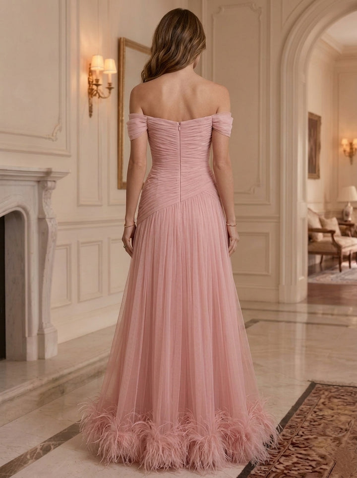 A-Line/Princess Off-the-Shoulder Chiffon Formal Dresses Ruched Floor-Length Sleeveless With Feathers Evening Dresses