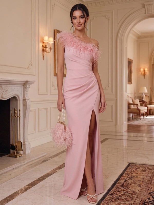 Sheath/Column One-Shoulder Stretch Satin Formal Dresses With Feathers & Split Side Floor-Length Sleeveless Evening Dresses