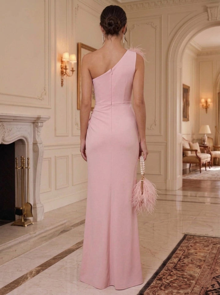 Sheath/Column One-Shoulder Stretch Satin Formal Dresses With Feathers & Split Side Floor-Length Sleeveless Evening Dresses