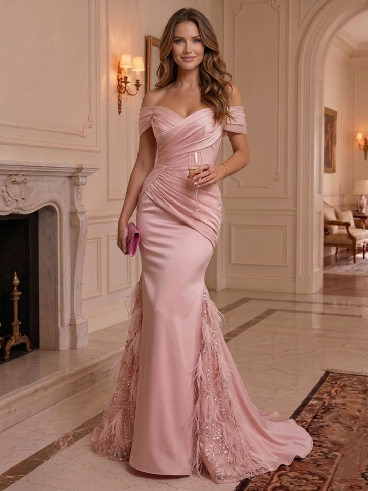Sheath/Column Off-the-Shoulder Satin Formal Dresses Floor-Length Sleeveless Evening Dresses With Feathers & Sweep Train