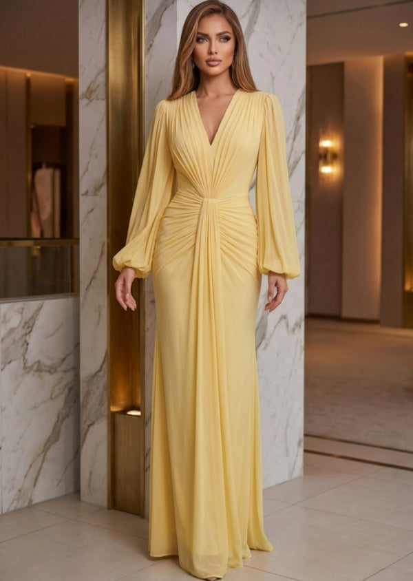 A-Line/Princess V-Neck Chiffon Formal Dresses Ruched Floor-Length Long Sleeves Evening Dresses
