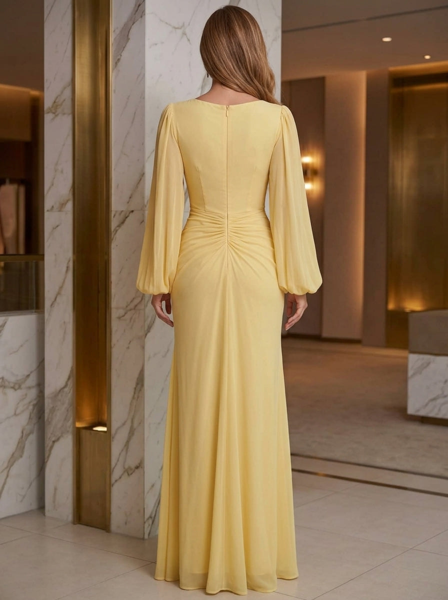 A-Line/Princess V-Neck Chiffon Formal Dresses Ruched Floor-Length Long Sleeves Evening Dresses