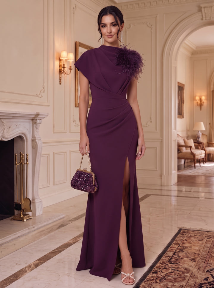 Sheath/Column Mock Neck Stretch Satin Formal Dresses With Feathers & Split Side Floor-Length Short Sleeves Evening Dresses