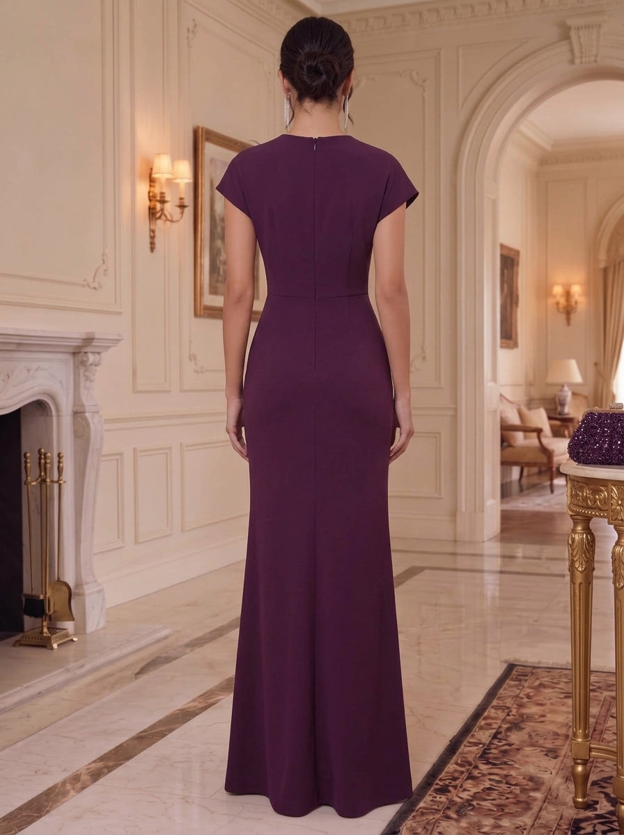 Sheath/Column Mock Neck Stretch Satin Formal Dresses With Feathers & Split Side Floor-Length Short Sleeves Evening Dresses