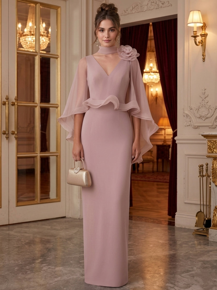 Sheath/Column Mock Neck Organza Formal Dresses Floor-Length Cape Sleeves Evening Dresses With 3D Flower
