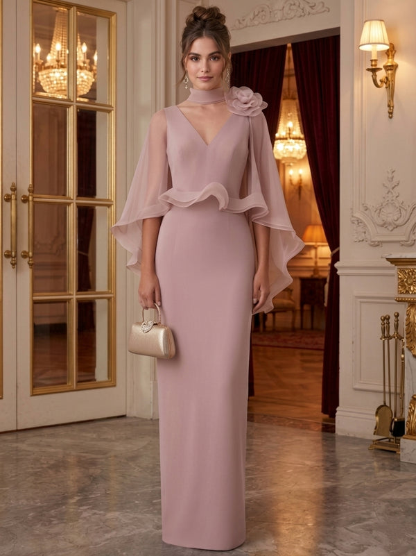 Sheath/Column Mock Neck Organza Formal Dresses Floor-Length Cape Sleeves Evening Dresses With 3D Flower