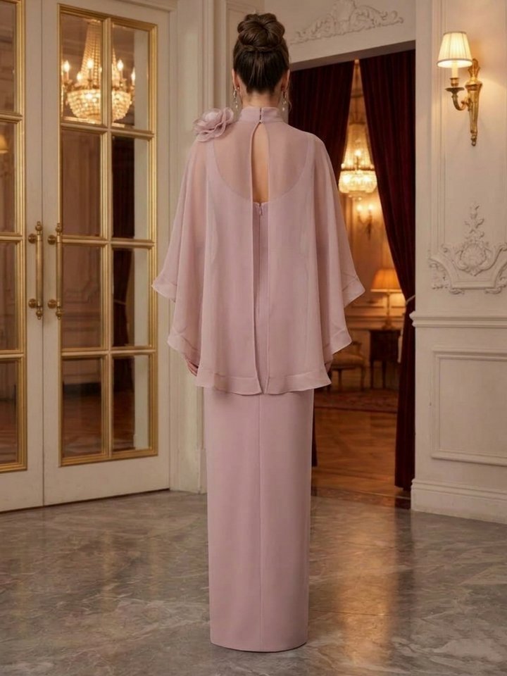 Sheath/Column Mock Neck Organza Formal Dresses Floor-Length Cape Sleeves Evening Dresses With 3D Flower