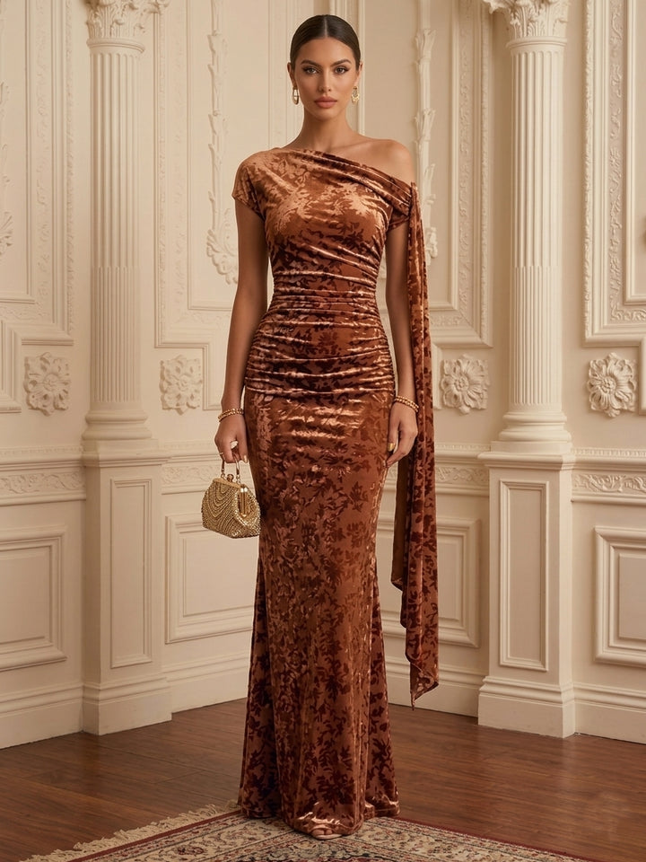 Sheath/Column One-Shoulder Floral Velvet Formal Dresses Floor-Length Sleeveless Evening Dresses