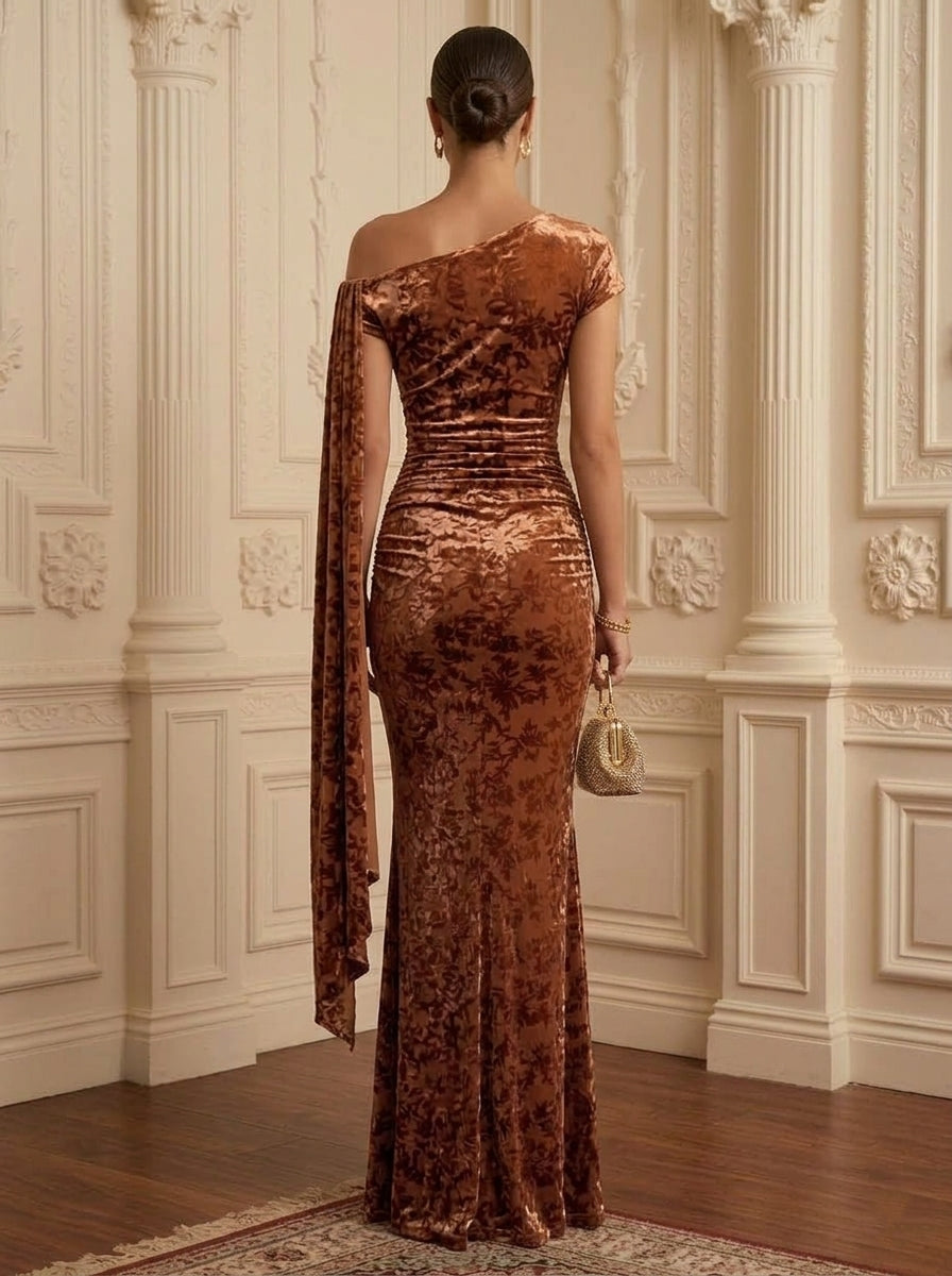 Sheath/Column One-Shoulder Floral Velvet Formal Dresses Floor-Length Sleeveless Evening Dresses
