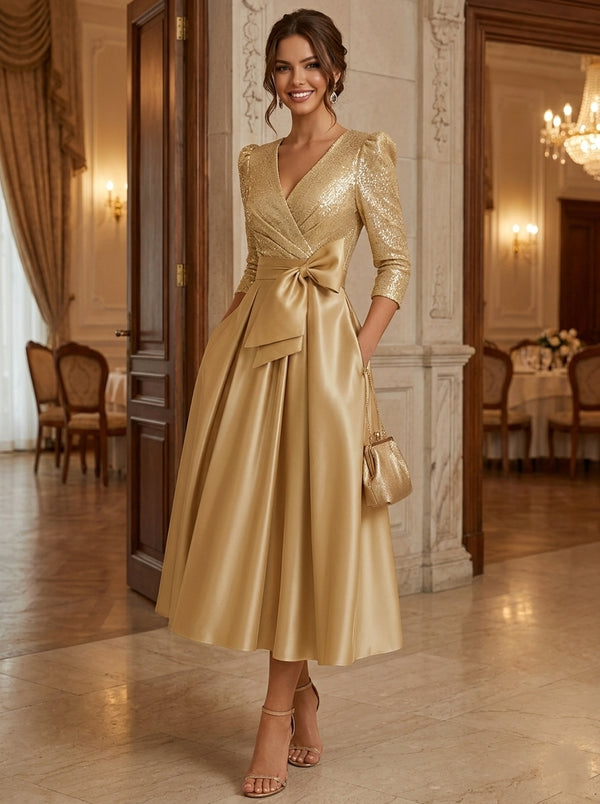 A-Line/Princess V-Neck Silk Satin Cocktail Dresses 3/4 Sleeves Tea-Length Party Dresses With Sequins & Bowknot & Pocket