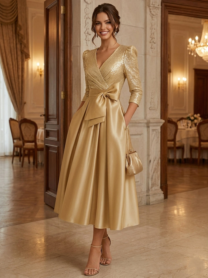 A-Line/Princess V-Neck Silk Satin Cocktail Dresses 3/4 Sleeves Tea-Length Party Dresses With Sequins & Bowknot & Pocket
