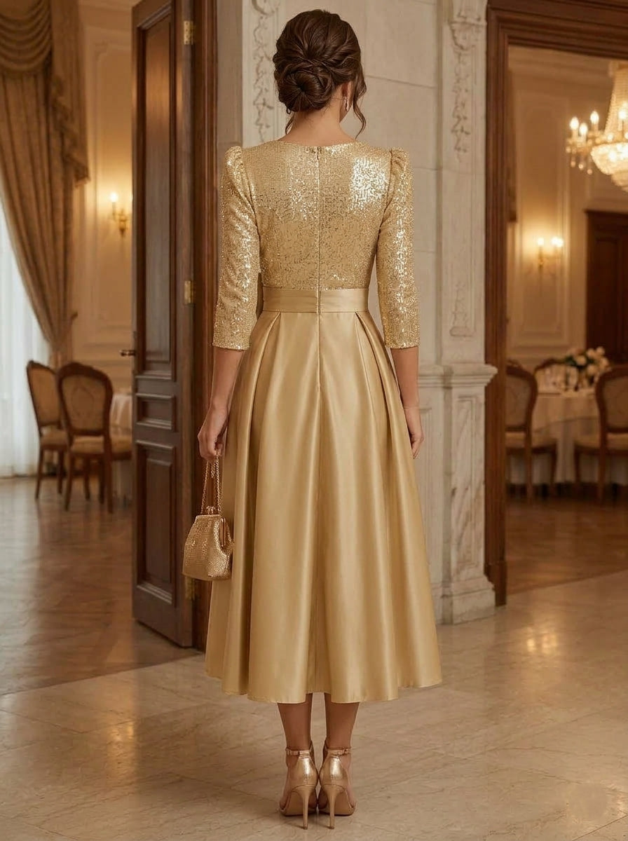 A-Line/Princess V-Neck Silk Satin Cocktail Dresses 3/4 Sleeves Tea-Length Party Dresses With Sequins & Bowknot & Pocket