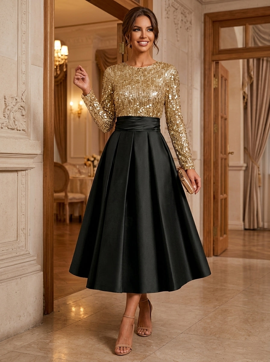 A-Line/Princess Scoop Satin Cocktail Dresses Long Sleeves Tea-Length Party Dresses Sequins