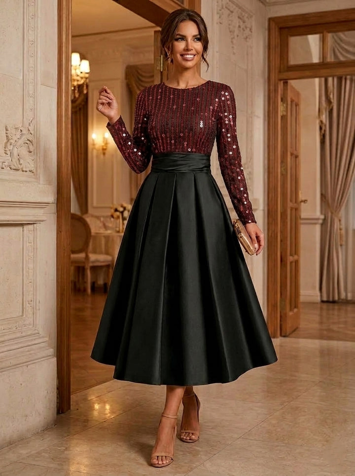A-Line/Princess Scoop Satin Cocktail Dresses Long Sleeves Tea-Length Party Dresses Sequins