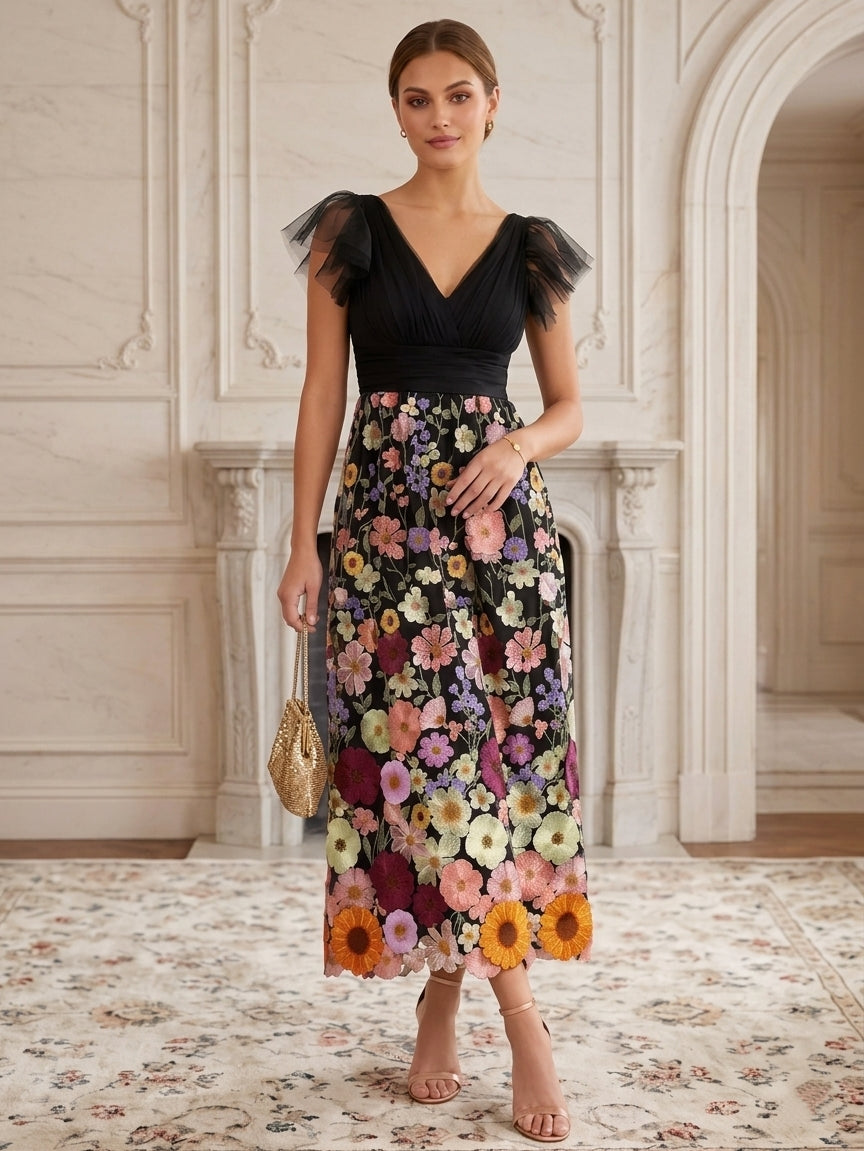 A-Line/Princess V-Neck Lace Embroidery Cocktail Dresses Cap Sleeves Tea-Length Party Dresses Floral