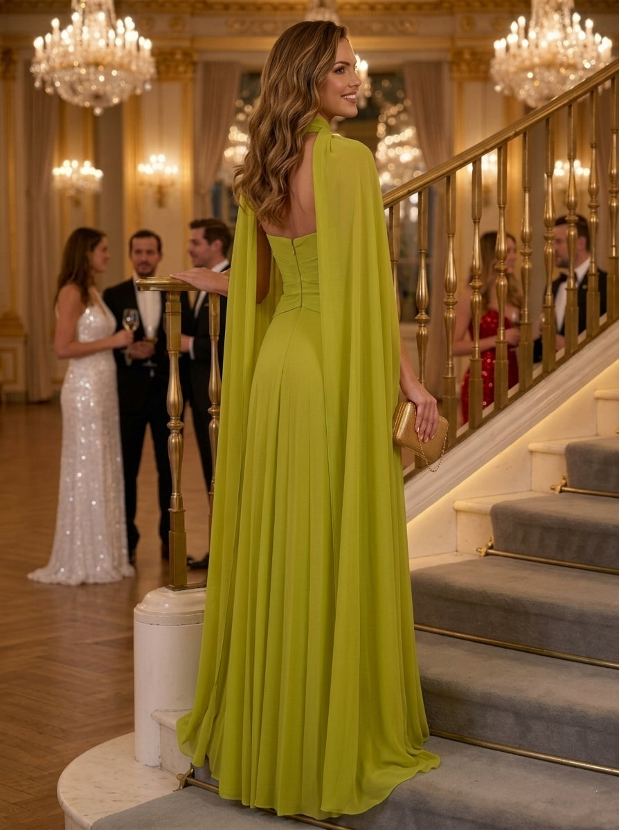 A-Line/Princess Chiffon Mock Neck Evening Dresses Floor-Length Cape Sleeves Ruched Formal Dresses