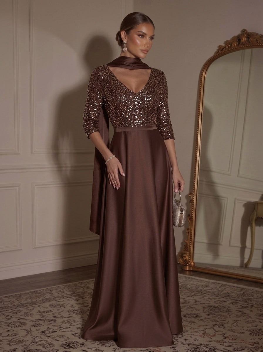 A-Line/Princess V-Neck Satin Evening Dresses With Scarf Floor-Length Sequins 3/4 Sleeves Formal Dresses