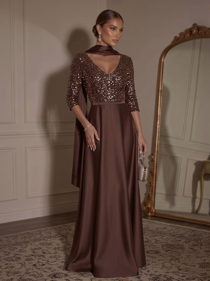 A-Line/Princess V-Neck Satin Evening Dresses With Scarf Floor-Length Sequins 3/4 Sleeves Formal Dresses