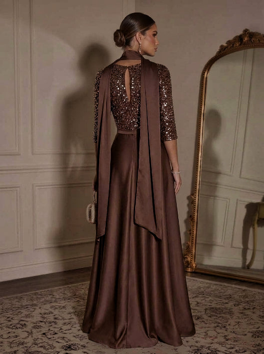 A-Line/Princess V-Neck Satin Evening Dresses With Scarf Floor-Length Sequins 3/4 Sleeves Formal Dresses