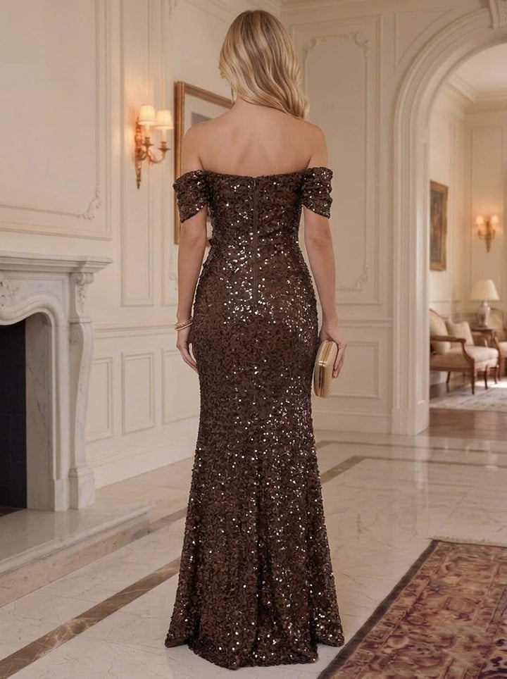 Sheath/Column Off-the-Shoulder Sequins Evening Dresses Floor-Length Sleeveless With 3D Flower Formal Dresses