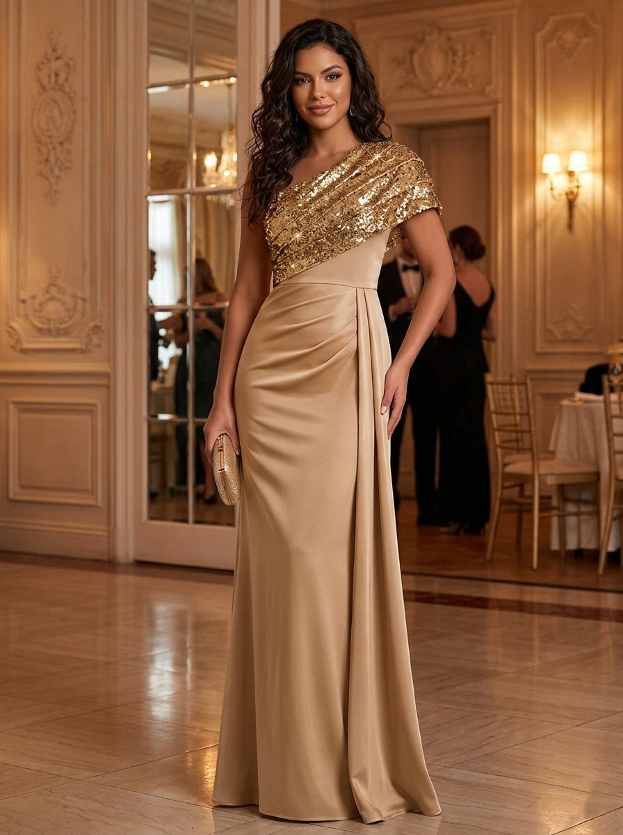 Sheath/Column One-Shoulder Satin Evening Dresses Floor-Length Sequins Sleeveless Formal Dresses