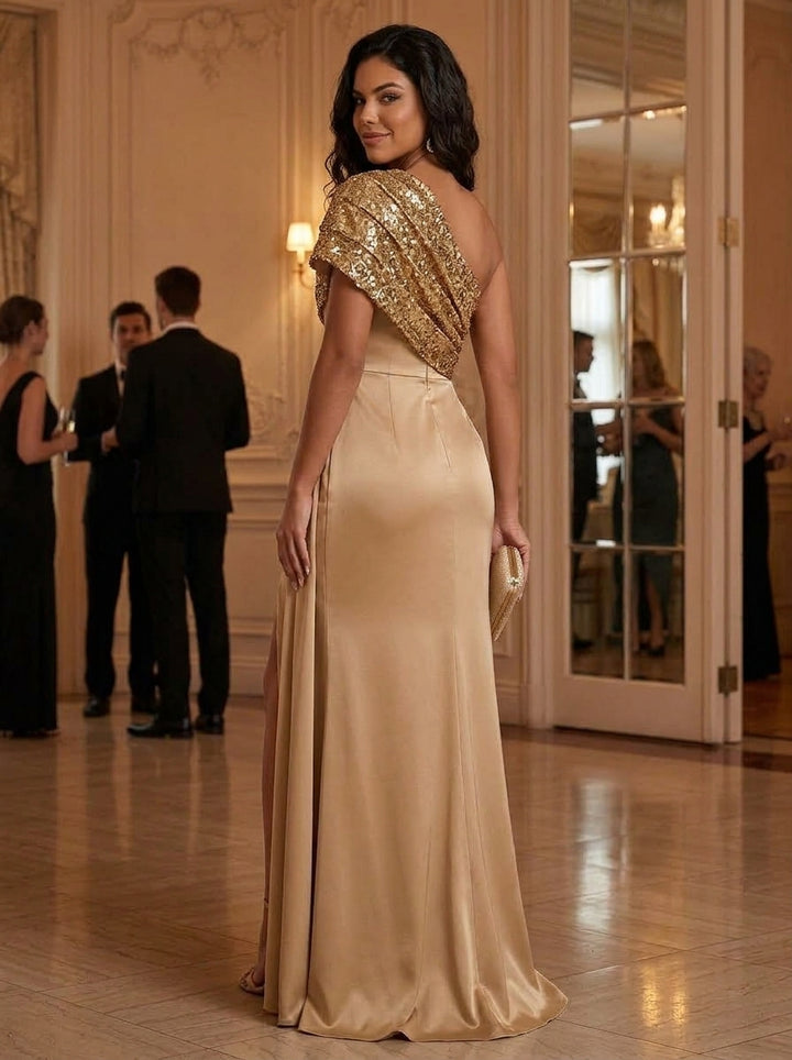 Sheath/Column One-Shoulder Satin Evening Dresses Floor-Length Sequins Sleeveless Formal Dresses