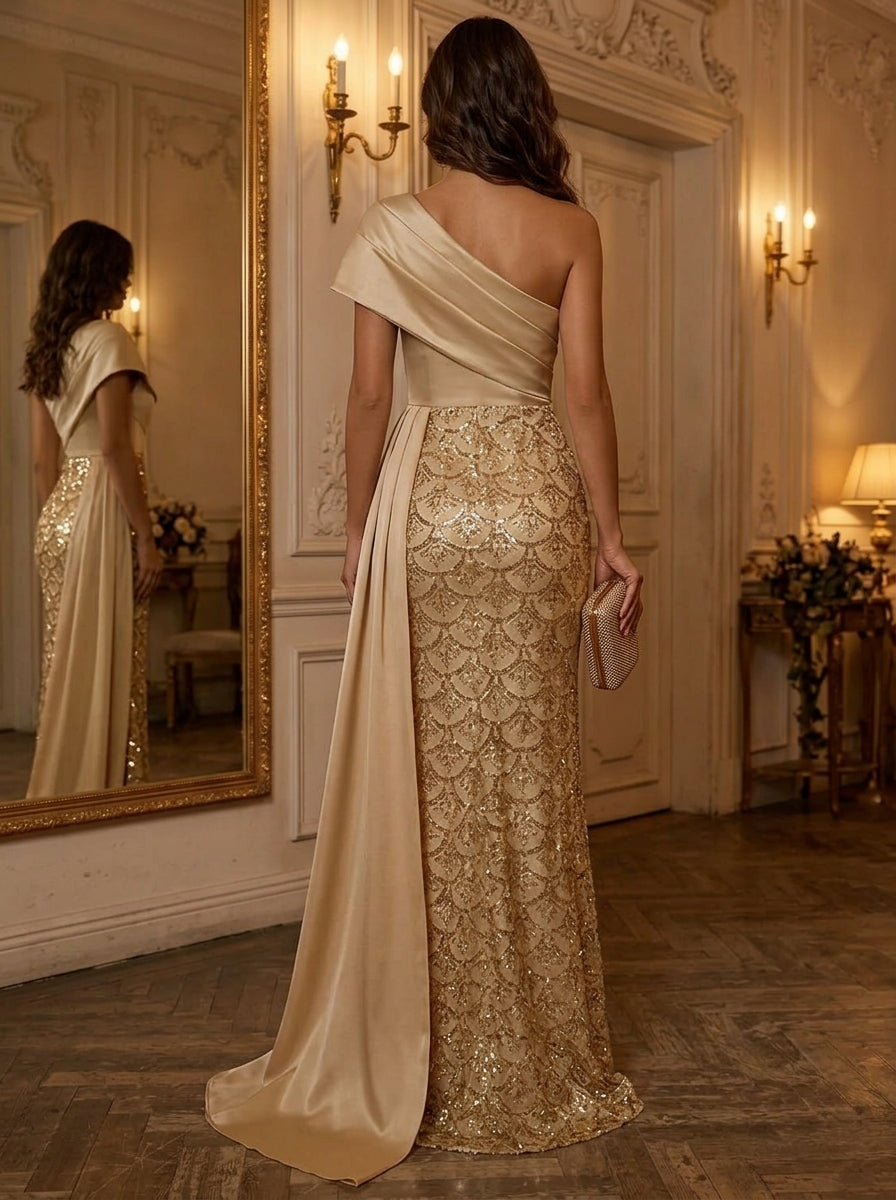 Sheath/Column One-Shoulder Satin Evening Dresses Floor-Length Sleeveless Sequins Formal Dresses