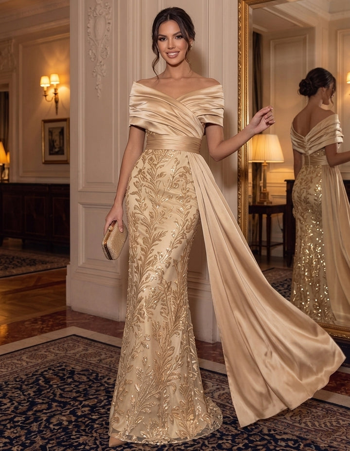 Sheath/Column Off-the-Shoulder Satin Evening Dresses Floor-Length Sleeveless Sequins Formal Dresses