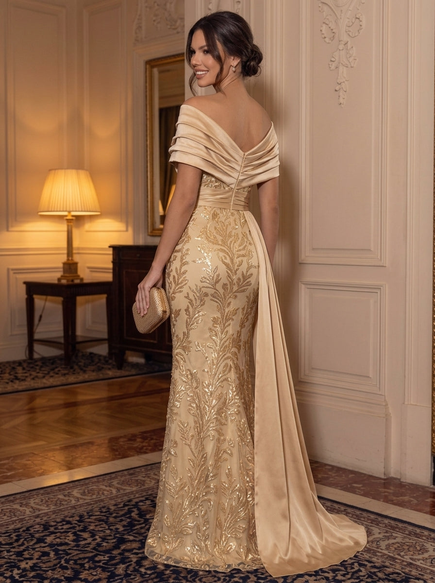 Sheath/Column Off-the-Shoulder Satin Evening Dresses Floor-Length Sleeveless Sequins Formal Dresses