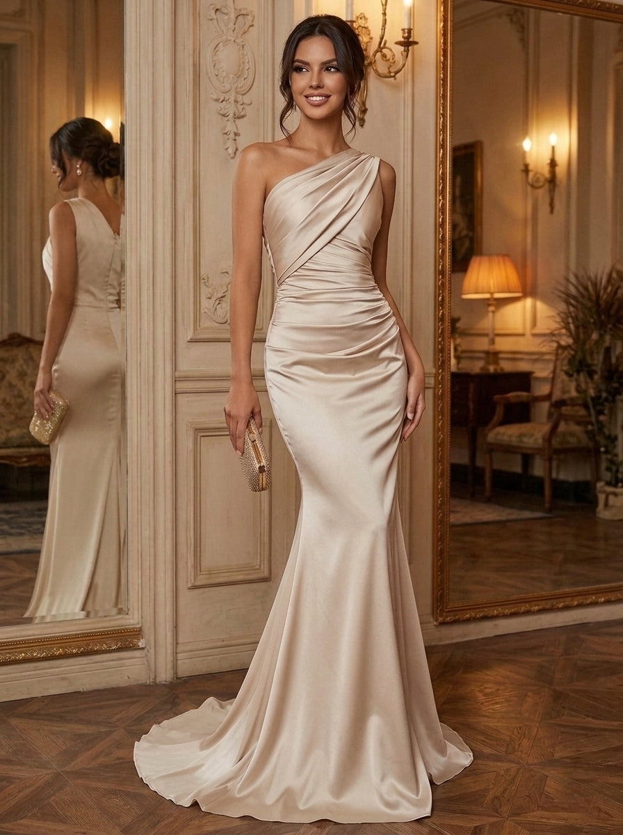 Trumpet/Mermaid One-Shoulder Satin Evening Dresses Floor-Length Sleeveless Ruched Formal Dresses