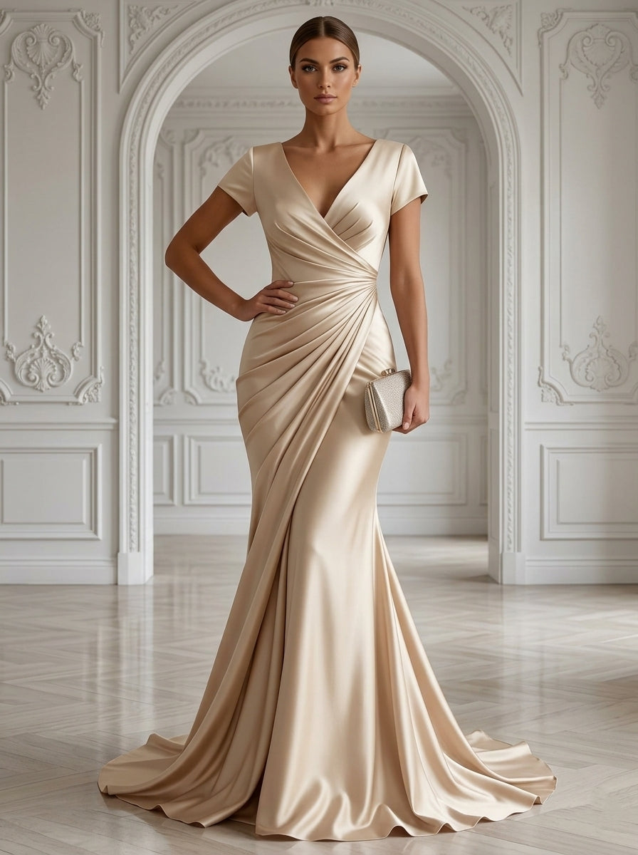 Trumpet/Mermaid V-Neck Satin Evening Dresses Floor-Length Short Sleeves Ruched Formal Dresses