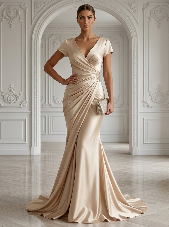 Trumpet/Mermaid V-Neck Satin Evening Dresses Floor-Length Short Sleeves Ruched Formal Dresses