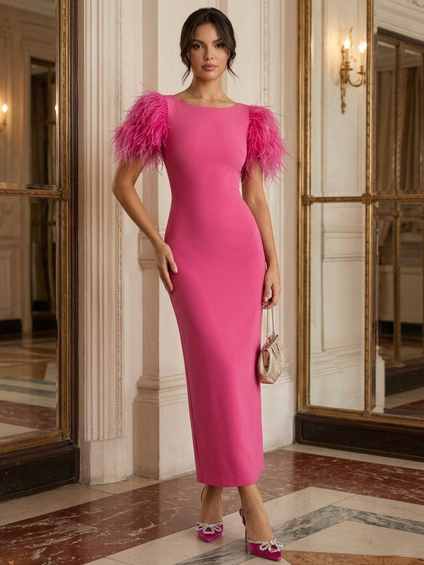 Sheath/Column Scoop Stretch Satin Cocktail Dresses With Feathers Short Sleeves Ankle-Length Party Dresses