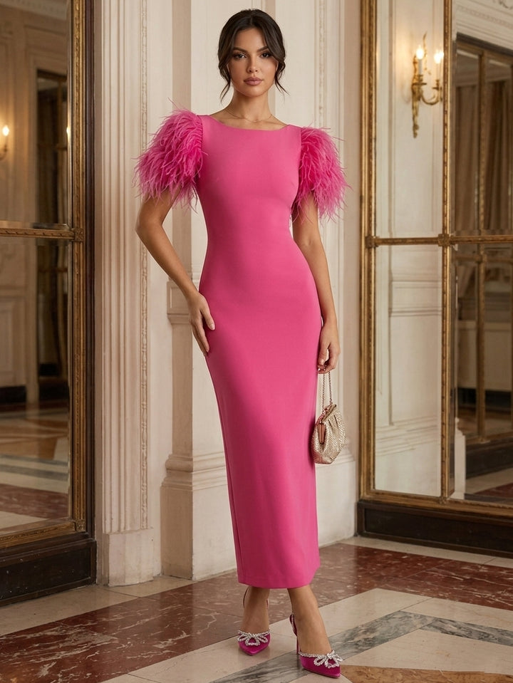 Sheath/Column Scoop Stretch Satin Cocktail Dresses With Feathers Short Sleeves Ankle-Length Party Dresses