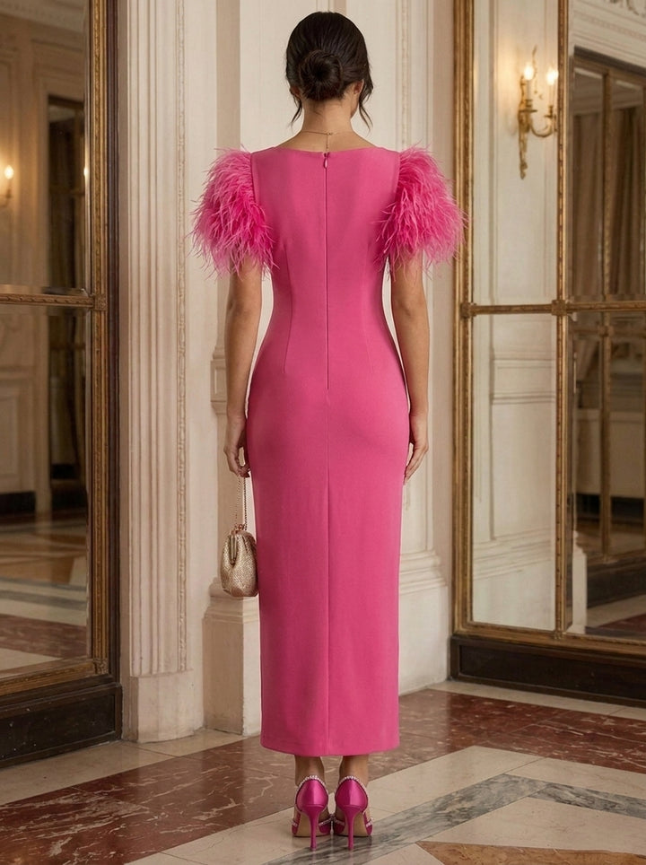 Sheath/Column Scoop Stretch Satin Cocktail Dresses With Feathers Short Sleeves Ankle-Length Party Dresses
