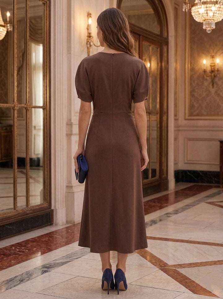 Sheath/Column Scoop Stretch Satin Cocktail Dresses Ruched Short Sleeves Tea-Length Party Dresses