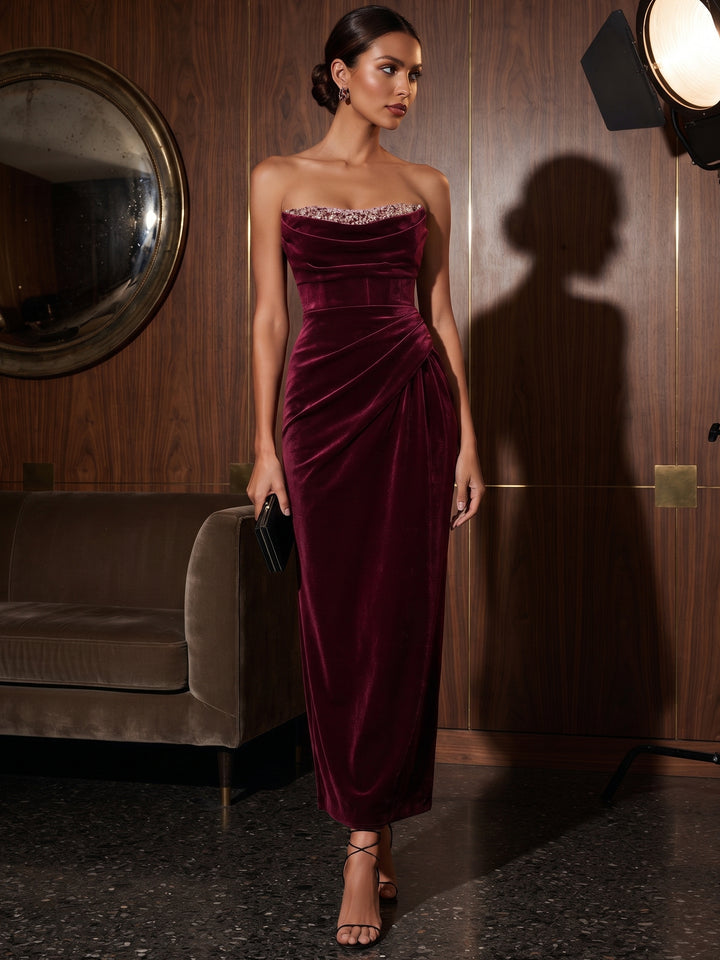 Sheath/Column Strapless Velvet Cocktail Dresses Ruched Sleeveless Ankle-Length Party Dresses