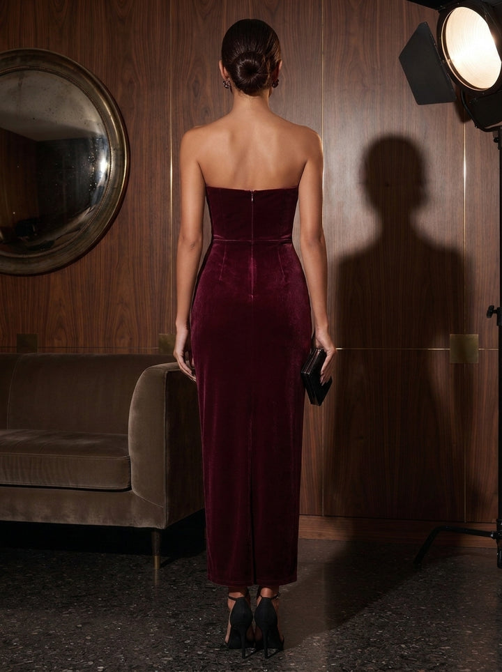 Sheath/Column Strapless Velvet Cocktail Dresses Ruched Sleeveless Ankle-Length Party Dresses