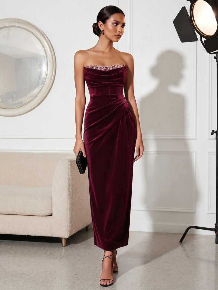 Sheath/Column Strapless Velvet Cocktail Dresses Ruched Sleeveless Ankle-Length Party Dresses