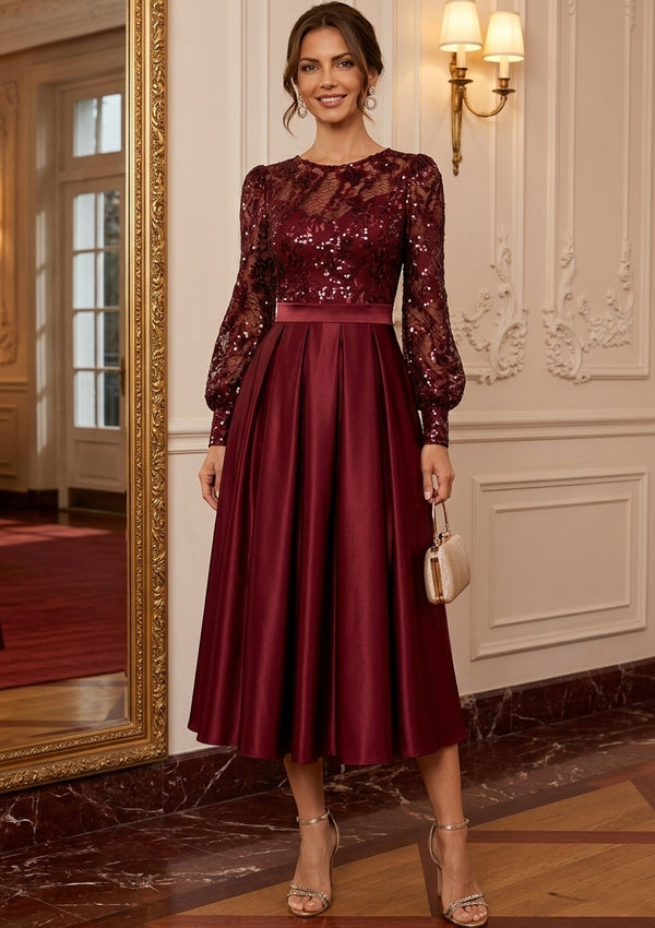 A-Line/Princess Scoop Satin Cocktail Dresses Long Sleeves Tea-Length Party Dresses Sequins
