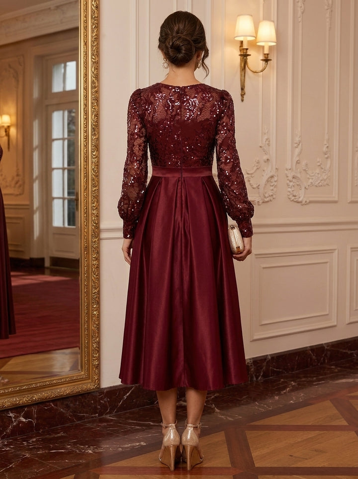A-Line/Princess Scoop Satin Cocktail Dresses Long Sleeves Tea-Length Party Dresses Sequins