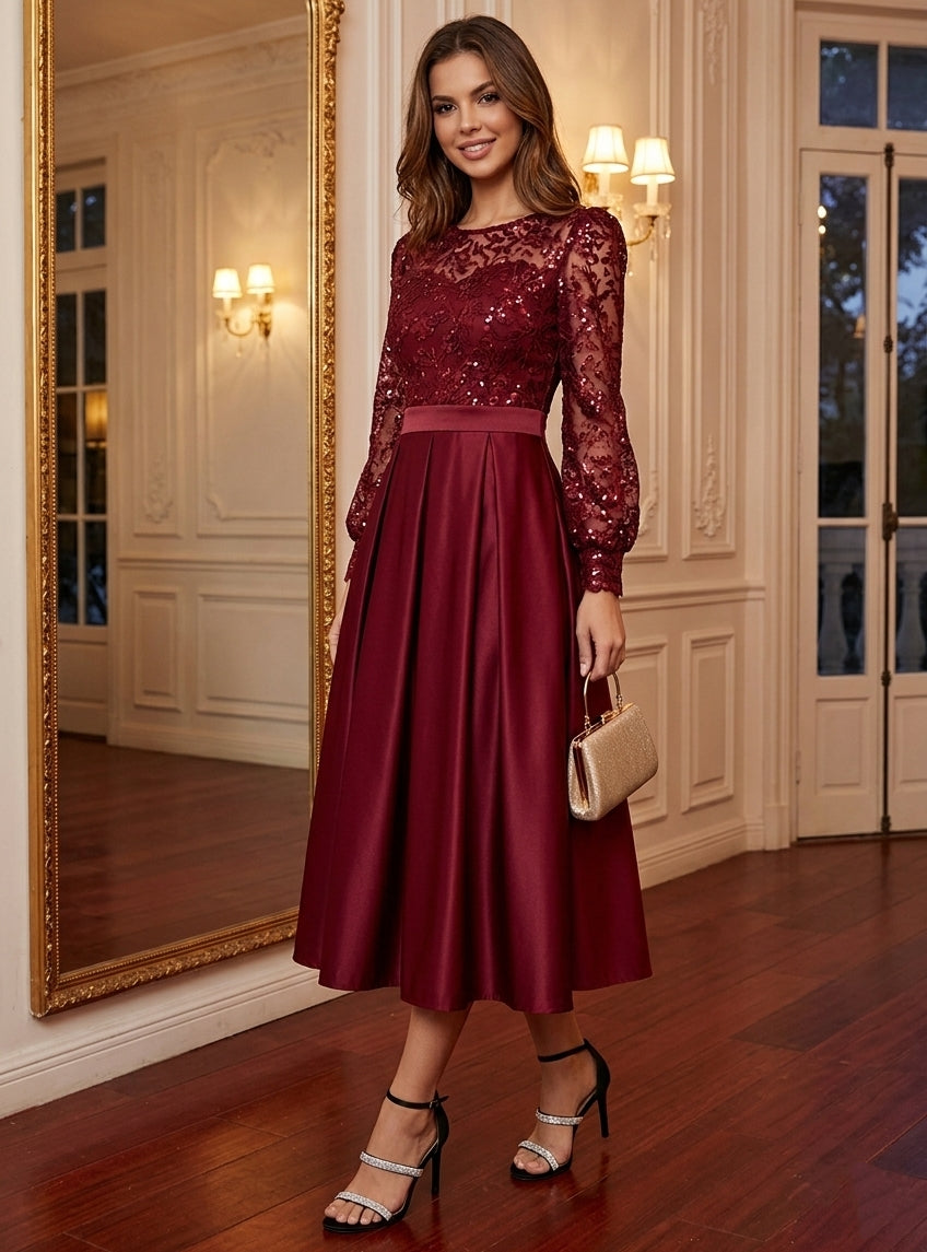 A-Line/Princess Scoop Satin Cocktail Dresses Long Sleeves Tea-Length Party Dresses Sequins