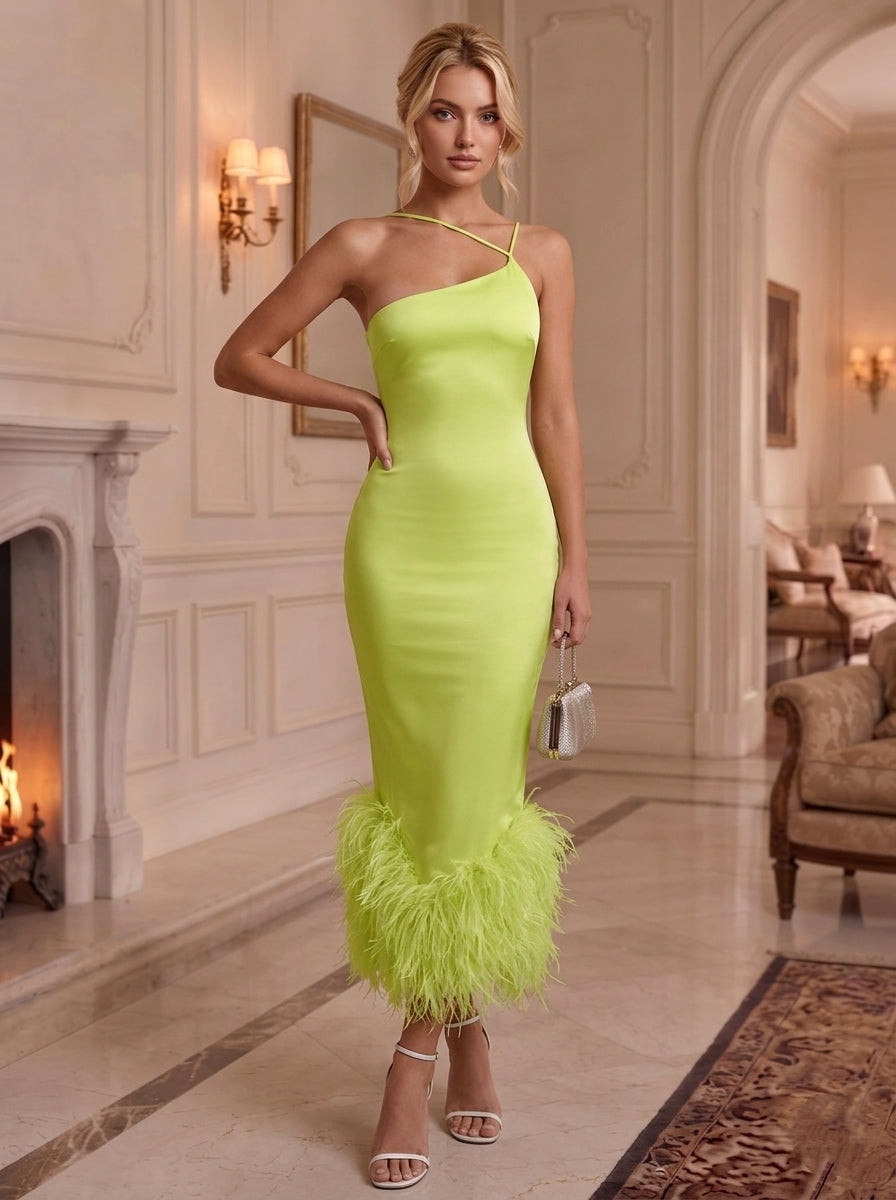 Sheath/Column Asymmetrical Neck Satin Cocktail Dresses With Feathers Sleeveless Ankle-Length Party Dresses