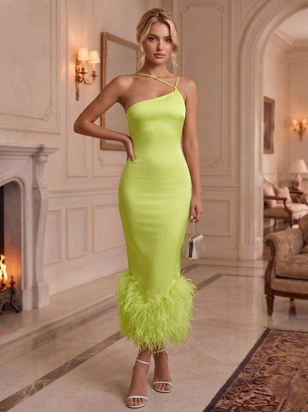 Sheath/Column Asymmetrical Neck Satin Cocktail Dresses With Feathers Sleeveless Ankle-Length Party Dresses
