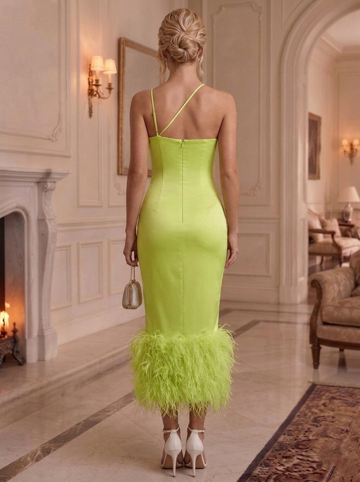Sheath/Column Asymmetrical Neck Satin Cocktail Dresses With Feathers Sleeveless Ankle-Length Party Dresses