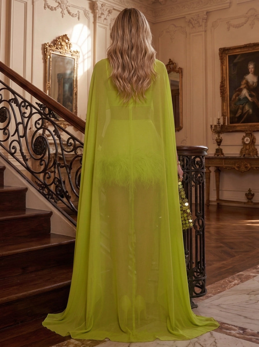 3 Pieces Sheath/Column Mock Neck Chiffon Cocktail Dresses with Feathers Cape Sleeves Short/Mini Party Dresses